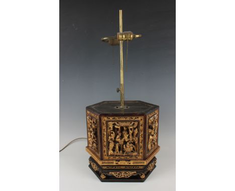 A Chinese lacquered and carved giltwood offering box (chanab), late 19th century, of hexagonal form, the sides with carved an