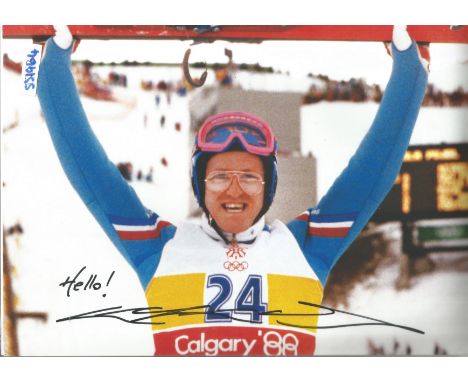 Eddie Edwards signed 12x8 colour photo. Michael Edwards, known as "Eddie the Eagle", is an English ski-jumper and Olympian wh