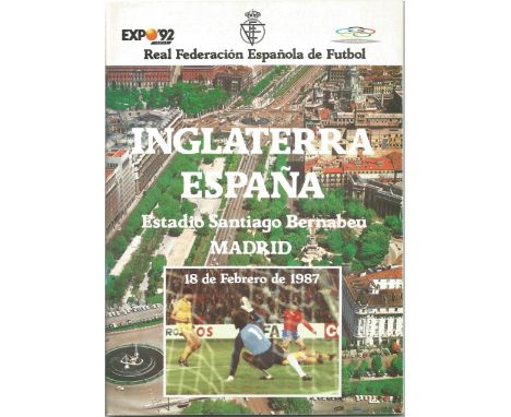 Football England v Spain 1987 multi signed team sheet and Vintage programme 12 fantastic signatures includes Peter Shilton, C