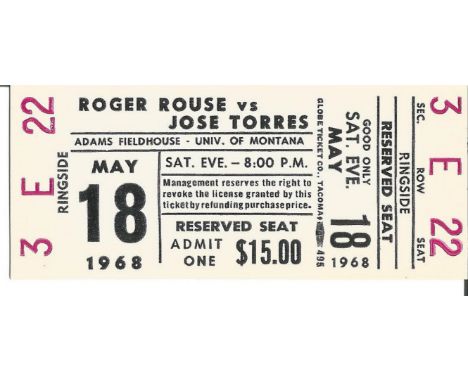 Roger Rouse Vs Jose Torres 1968 Boxing Ticket . Good condition. All autographs come with a Certificate of Authenticity. We co