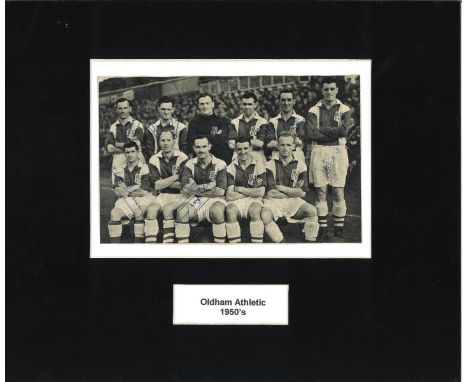 Oldham Athletic multi signed vintage 1950s 12x12 mounted black and white team photo. Includes seven signatures. Good conditio
