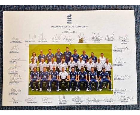 Cricket England OD Squad and Management 2012 signed colour photo 16x12 teamsheet 26 signatures includes Alastair Cook , Stuar