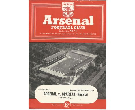 Football Vintage Programme Arsenal v Spartak Moscow 9th November 1954 score written neatly on the centre pages. Good conditio