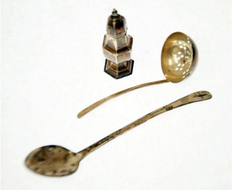 THREE PIECES OF EDWARD VII AND LATER SILVER, COMPRISING; SMALL HEXAGONAL PEPPERETTE, 3" (7.6cm) high, Birmingham 1904, SIFTER