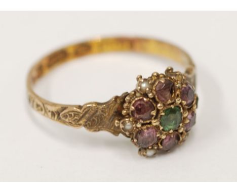 VICTORIAN 15ct GOLD CLUSTER RING, set with centre peridot, surround of six amethyst and seed pearls, Birmingham 1895 , 1.7gms