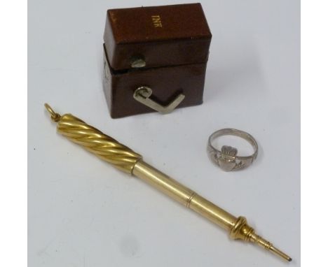 MORDEN AND CO., GOLD COLOURED METAL PROPELLING PENCIL, with spirally fluted case with ring hanger, 5" long, extended, VICTORI