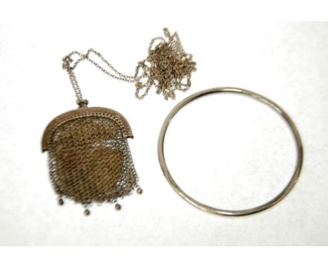 LADY'S SILVER COLOURED METAL SMALL MESH PURSE, 2 1/4" (5.7cm) wide, with long guard chain and a  plain sterling silver SLAVE 