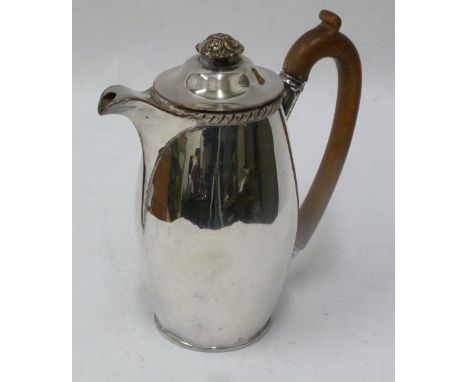 OLD SHEFFIELD PLATED SILVER ON COPPER HOT WATER JUG with removable domed lid with floral finial, the plain ovoid body with ga