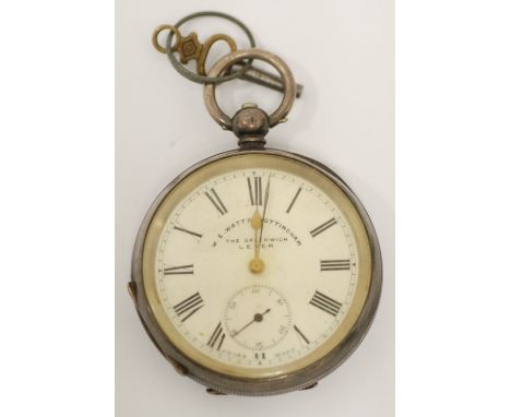 SWISS SILVER CASED POCKET WATCH with key wind movement, the white roman dial having subsidiary seconds dial, inscribed 'W. E.