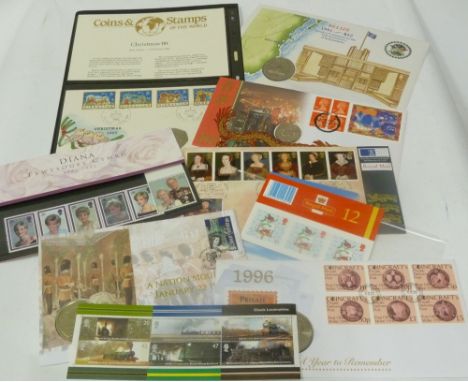 SIX NUMISMATIC FIRST DAY COVERS AND FOUR BLOCKS OF BRITISH PICTORIAL ROYAL MAIL STAMPS, including block of five Princess Dian