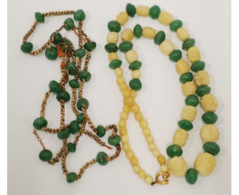 PRE-WAR GREEN JADE AND CARVED IVORY BEAD NECKLACE and a green jade bead and twisted silver thread NECKLACE (clasp missing) (2