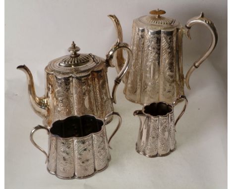 LATE VICTORIAN EPBM FOUR PIECE TEA AND COFFEE SERVICE, with bright cut engraved decoration