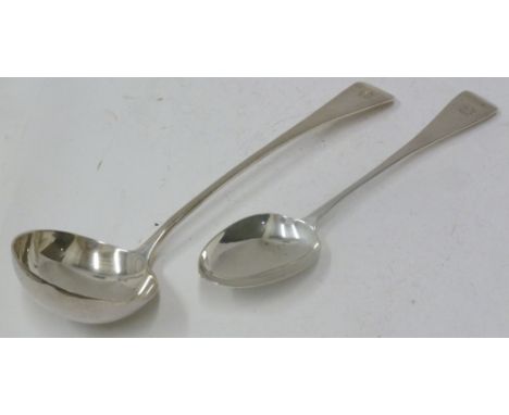 LATE VICTORIAN SILVER SOUP LADLE AND MATCHING GRAVY SPOON, Old English pattern, the handle monogrammed BE, maker Charles Boyt