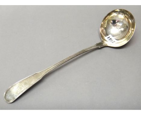 A Scottish silver double struck, fiddle and thread pattern soup ladle, crest engraved, probably Edinburgh possibly 1804, weig