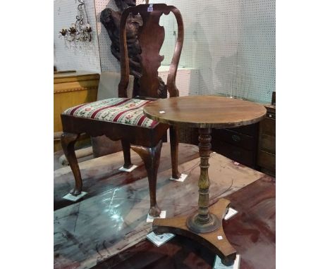 A Queen Anne style walnut vase back dining chair on pad feet and a Regency rosewood tripod table on trefoil base, 45cm wide x