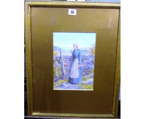 R. T. Minshull (exh. 1880-1902), Peasant woman by a stile, watercolour, signed, 24cm x 17cm.  K1