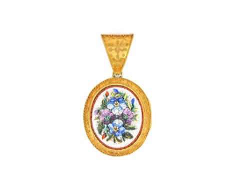 A gold mounted oval mosaic pendant locket, probably Italian, circa 1880, in a raised floral design within a bead and wirework