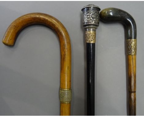 A shagreen mounted malacca walking stick (92cm), a 19th century horn mounted bamboo walking stick, with gilt metal collar (88