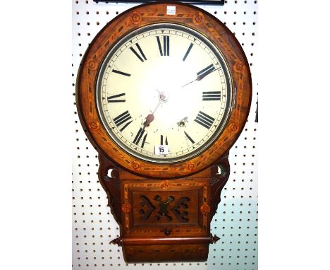 A 19th century inlaid walnut 8 day American wall clock with 11 3/4 inch dial, 72cm high.   CAB
