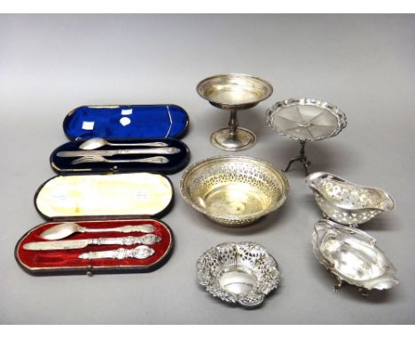 Silver and silver mounted wares, comprising; a bonbon stand, formed as a miniature tripod table, having a pie-crust rim, Lond