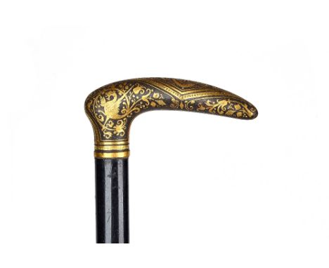 A Damascene Toledo gilt metal mounted ebonised walking stick, circa 1900 with foliate detail to the handle (88.5cm) and anoth