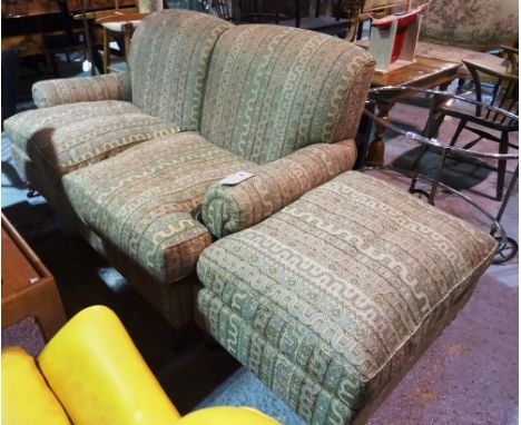 A 20th century two seater sofa, on oak turned supports, 165cm wide, with a matching footstool, (2).