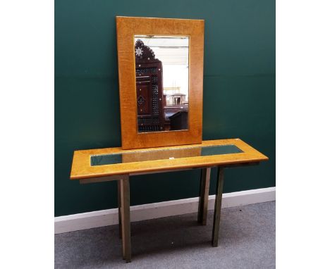 A 20th century figured walnut and lacquered brass console table with mirror en suite, 130cm wide x 163cm high x 41cm deep.