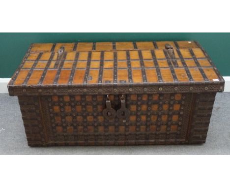 A 19th century Indian iron bound teak rectangular trunk, 132cm wide x 50cm high x 70cm deep. 
