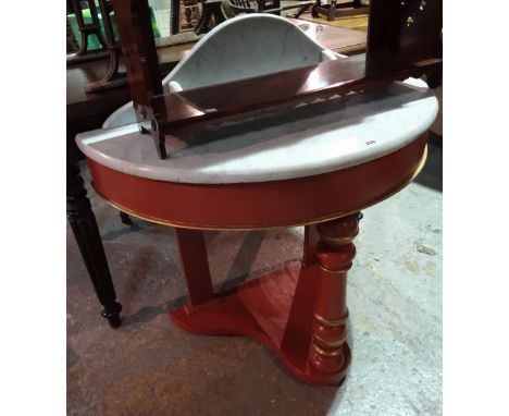 A Regency style demi-lune marble top console table, 88cm wide x 88cm high and a 20th century white painted demi-lune side tab