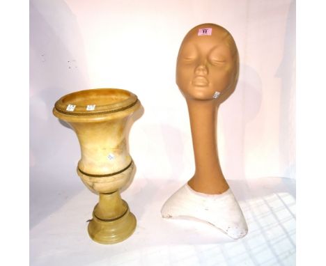 A 20th century alabaster urn shaped table lamp 43cm high and a 20th century stylized mannequin head, 60cm high, (2). S2B