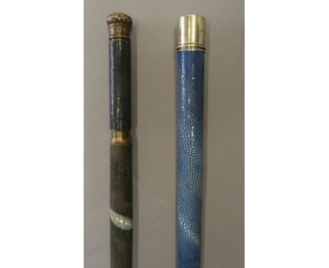 A Victorian and later blue shagreen covered gadget walking cane, with twist top opening to reveal a long glass thermometer (8