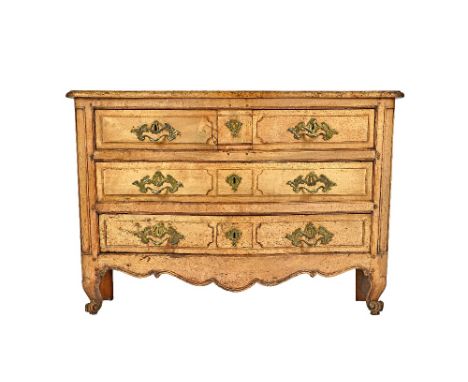 A Louis XV bleached oak commode of two short and two long serpentine drawers on squat scroll supports, 133cm wide x 77cm high