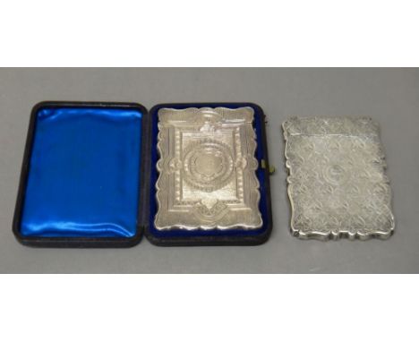 Silver, comprising; a Victorian shaped rectangular visiting card case, with engraved and engine turned decoration, Birmingham