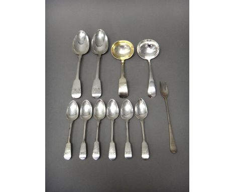 Silver flatware, comprising; a pair of fiddle pattern tablespoons, London 1822, a set of six fiddle pattern teaspoons, probab