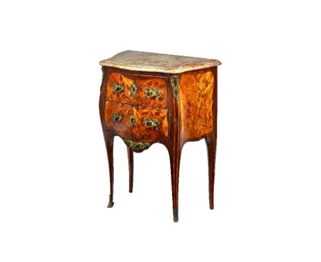 A Louis XV ormolu mounted marquetry inlaid kingwood and tulipwood petite commode, the serpentine pink marble top over a bombé