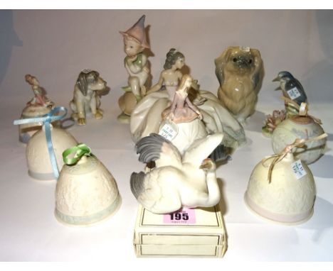 Ceramics, comprising; Lladro animals, bells and figures, (14).   S4T