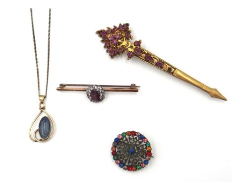 A light magenta coloured sapphire and colourless gem set cluster bar brooch, with a case, an Asian gilt metal and pale pink s