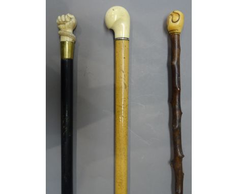 An ivory mounted ebonised walking cane, late 19th century, the pommel carved as a clenched fist holding a snake (93.5cm), ano