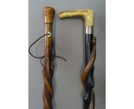 A carved wooden 'snake shaft' walking stick with a horn handle and silver collar (87cm) and another similar, with two entwine