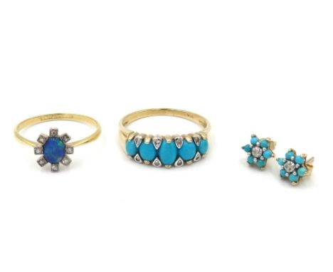 A 9ct gold, turquoise and diamond ring, mounted with a row of five graduated oval turquoise and with four pairs of circular c