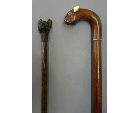 An ivory mounted fruitwood walking stick, circa 1900, the pommel carved with automated 'boxer dog' head (90cm) and a Black Fo