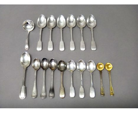 Silver and foreign table flatware, comprising; a set of six fiddle pattern teaspoons, London 1829, four foreign egg spoons, d