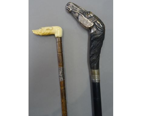 A silver plated 'horse head' walking stick, late 19th century, with carved wooden mane and ebonised shaft (100cm) and a Victo