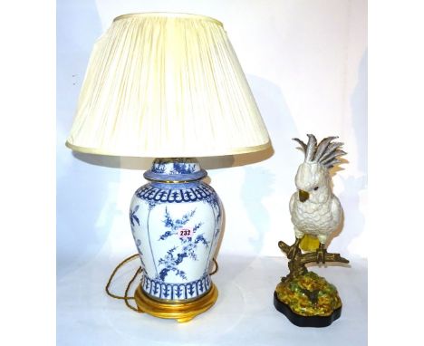 A 20th century Chinese blue and white vase converted to a lamp 40cm wide and a ceramic cockatoo with metal mounted plumage, 4