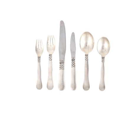 A Georg Jensen 'Nordic (Ladby) Pattern' silver part table service, designed by Oscar Gundlach-Pedersen, comprising; three tab