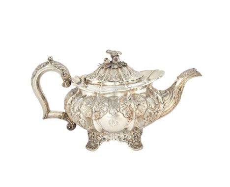 A 19th century closely matched three piece silver tea set, comprising; a teapot, London 1832, maker Joseph & John Angell I, a