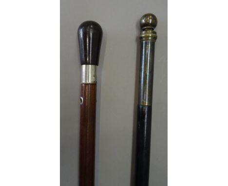 A brass and ebonised 'lamp lighters' gadget cane, 19th century, with spherical screw cap pommel, enclosing a petrol reservoir