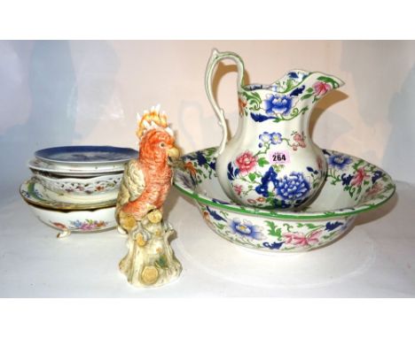 Ceramics, including; Spode jug and basin, a Christmas plate, a Copenhagen Christmas plate, model of a parakeet, two German po