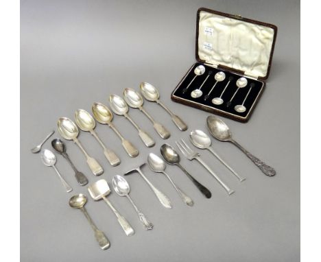 Silver flatware, comprising; a set of six Victorian fiddle pattern teaspoons, London 1881, a set of six coffee spoons, with b