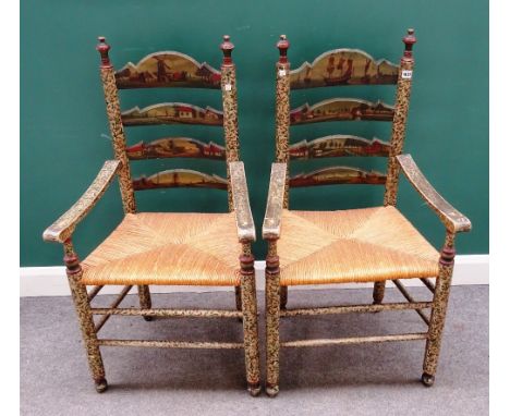A pair of 19th century Dutch ladder back open armchairs, polychrome painted with landscape scenes and floral sprays, 58cm wid